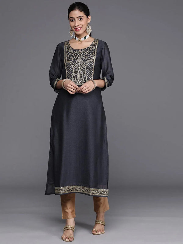 Navy Blue Yoke Design Silk Kurta - Jashvi