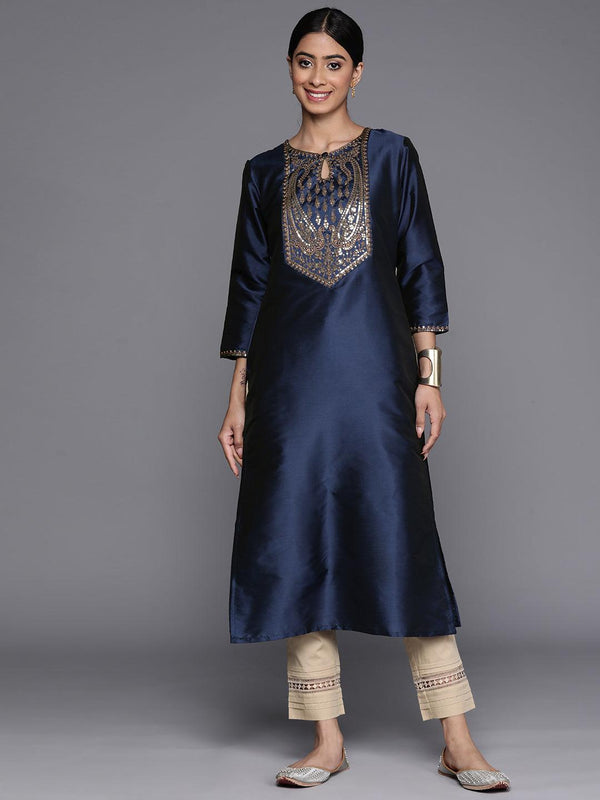 Navy Blue Yoke Design Silk Straight Kurta - Jashvi