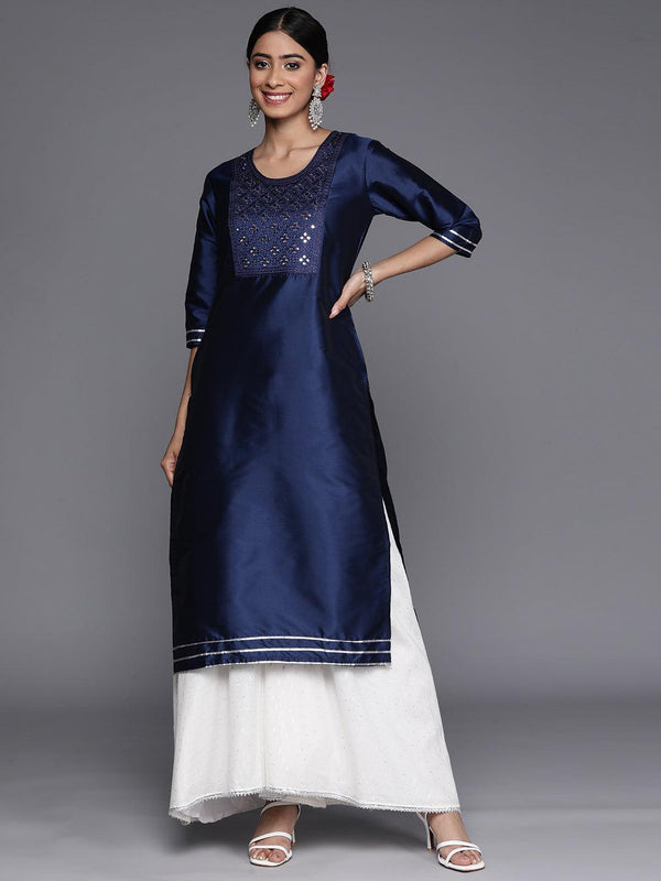 Navy Blue Yoke Design Silk Straight Kurta - Jashvi