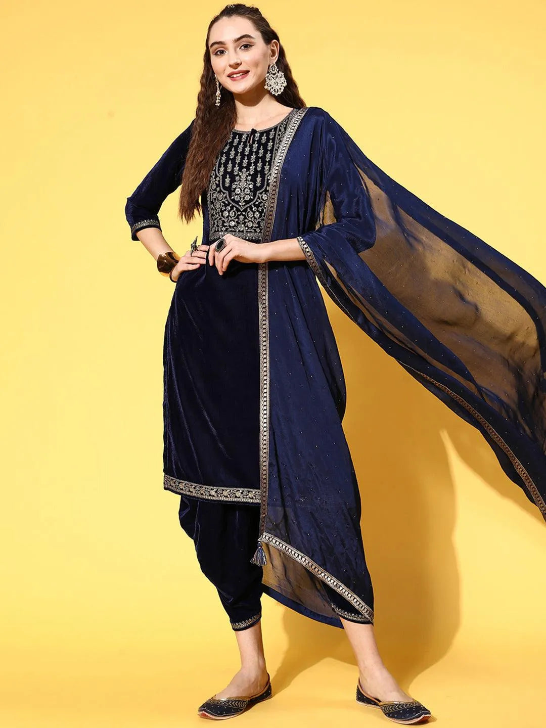 Navy Blue Yoke Design Velvet Straight Suit Set - Jashvi