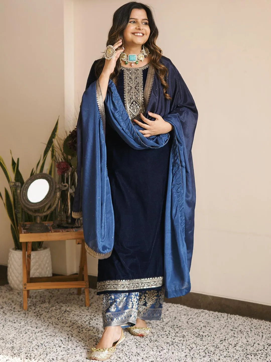 Navy Blue Yoke Design Velvet Straight Suit Set - Jashvi