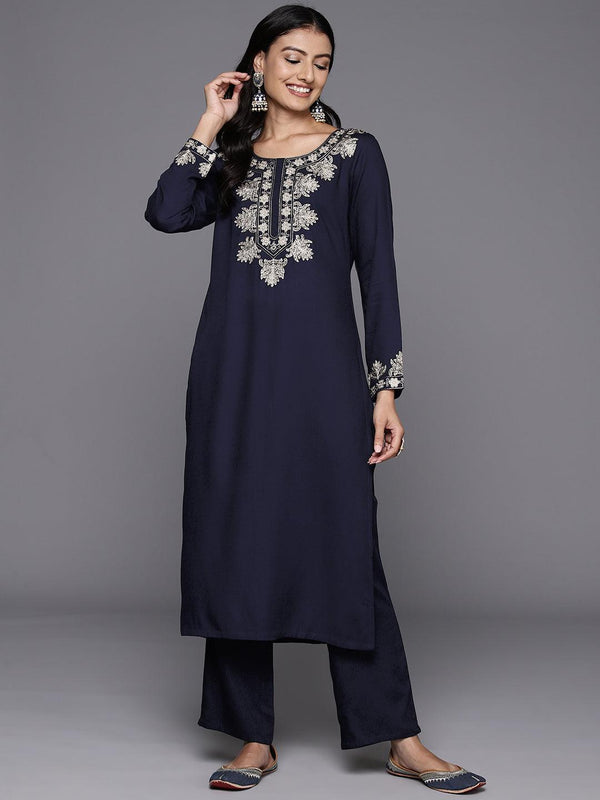 Navy Blue Yoke Design Wool Blend Straight Kurta With Palazzos - Jashvi