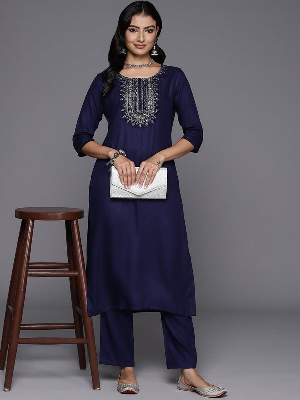 Navy Blue Yoke Design Wool Blend Straight Kurta With Trousers - Jashvi