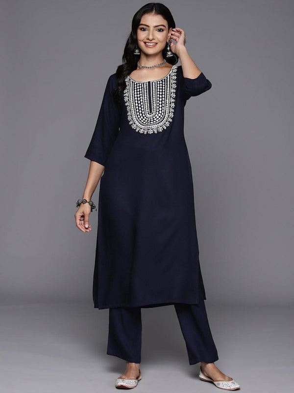 Navy Blue Yoke Design Wool Blend Straight Kurta With Trousers - Jashvi