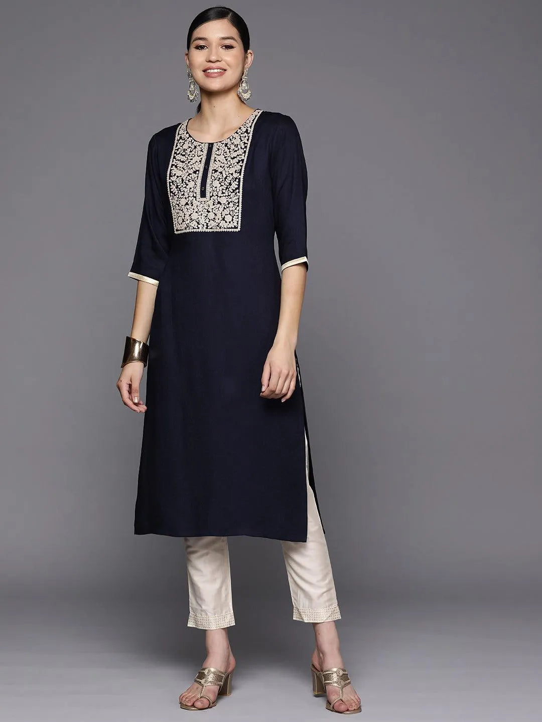 Navy Blue Yoke Design Wool Straight Kurta - Jashvi