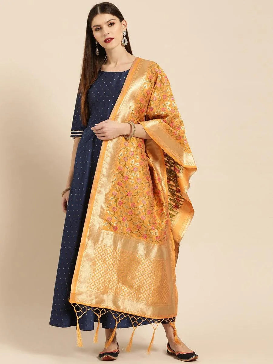 Navy Blue Zari Work Chanderi Dress With Dupatta - Jashvi