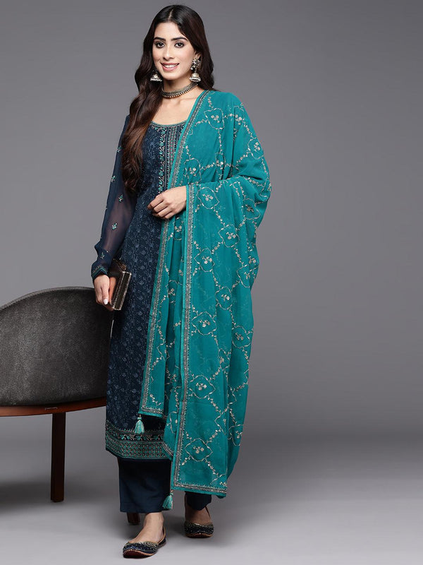 Navy Embroidered Georgette Straight Kurta With Trousers & Dupatta - Jashvi