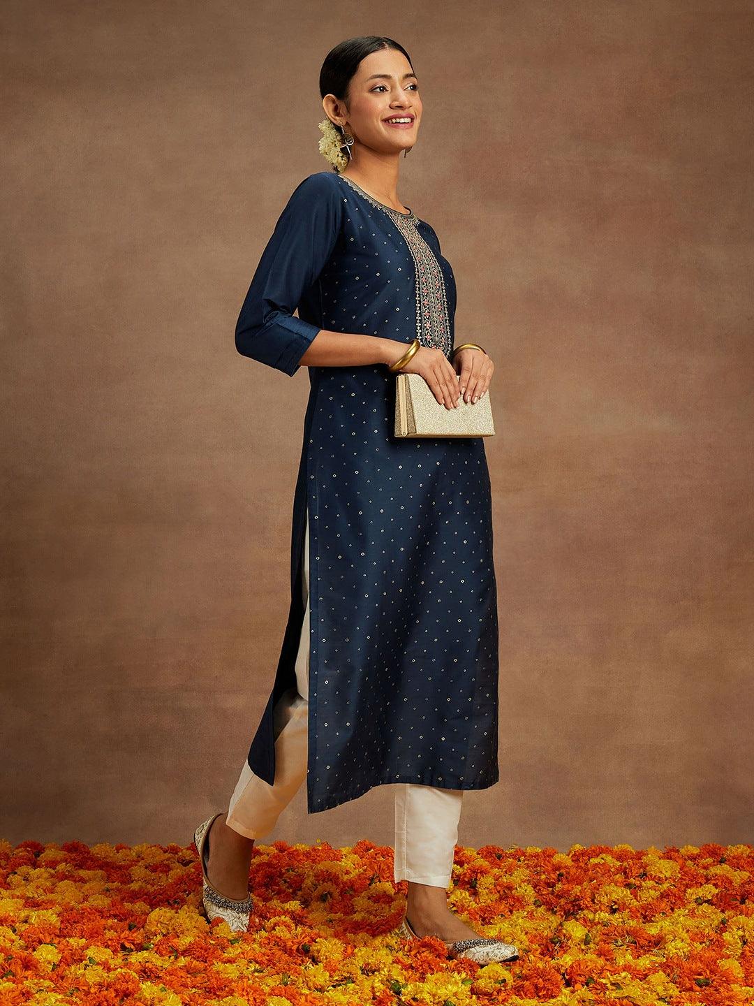 Navy Printed Silk Straight Kurta - Jashvi