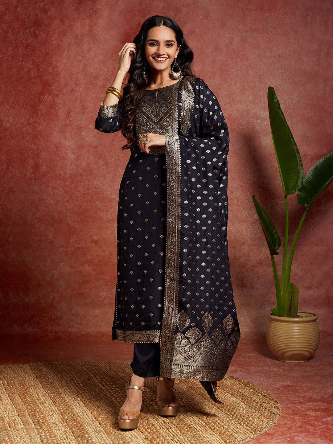 Navy Woven Design Silk Straight Kurta With Trousers & Dupatta - Jashvi