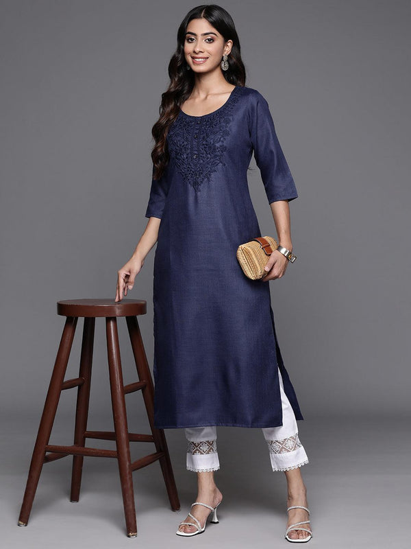 Navy Yoke Design Cotton Straight Kurta - Jashvi