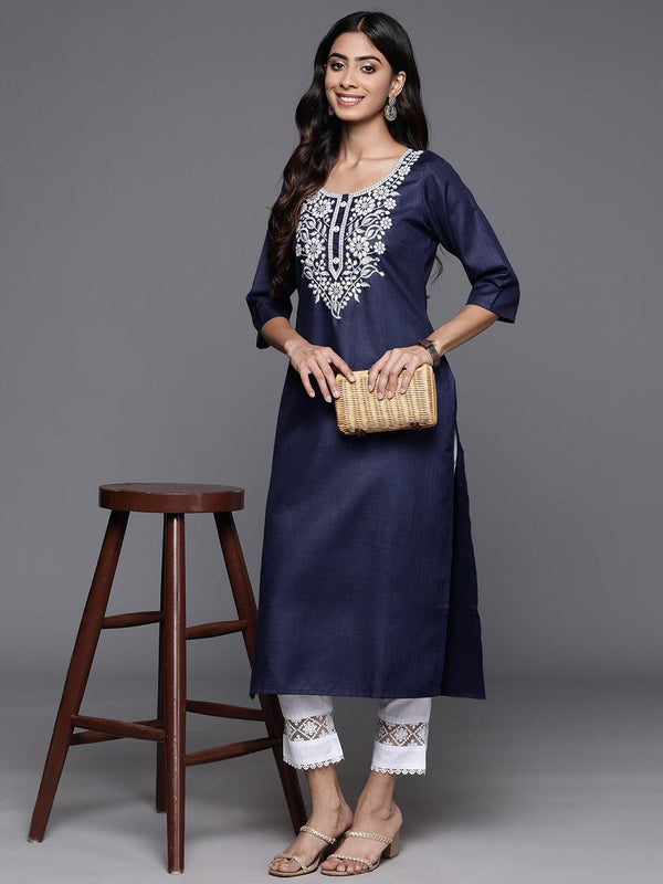 Navy Yoke Design Cotton Straight Kurta - Jashvi