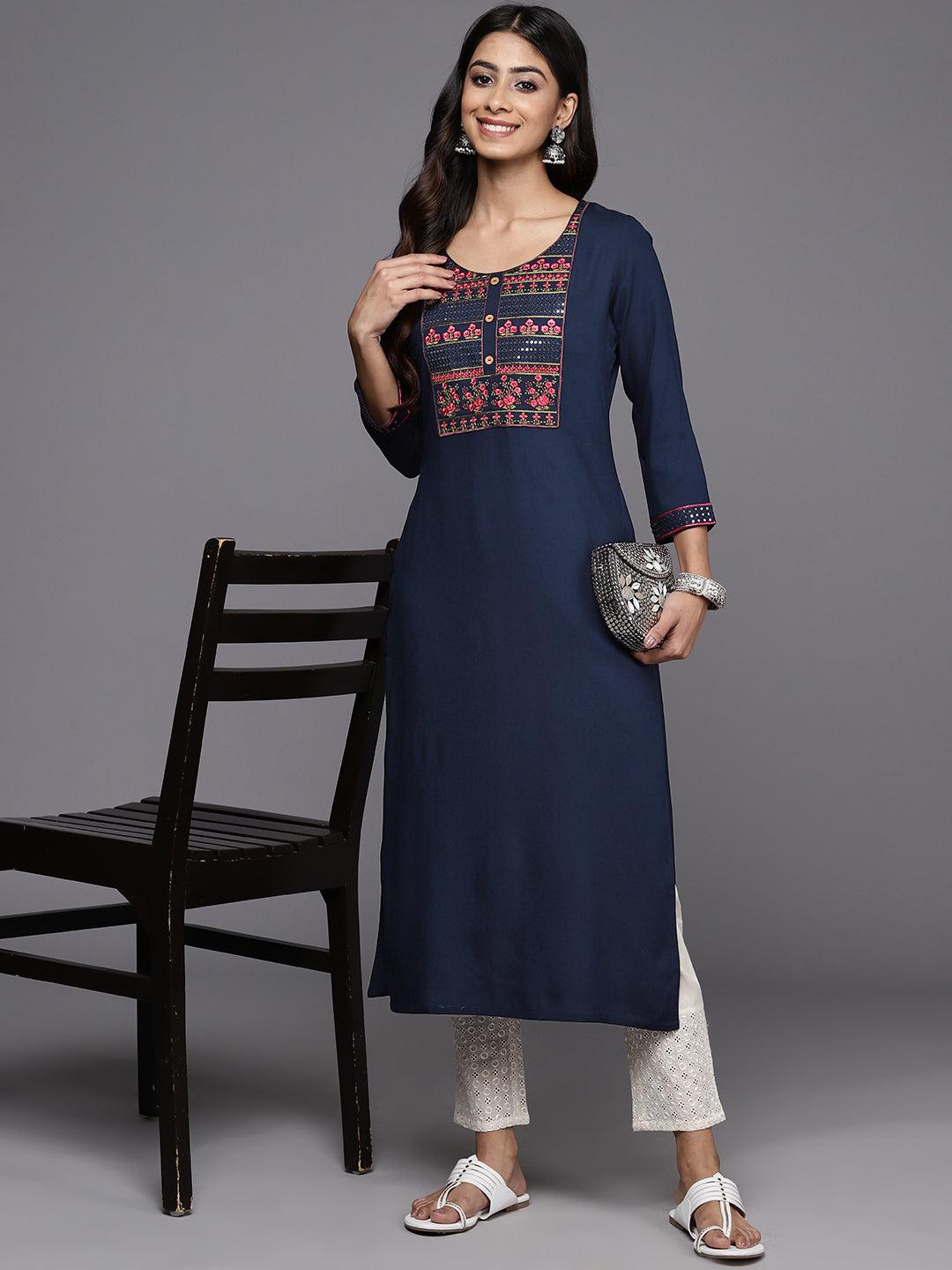 Navy Yoke Design Rayon Straight Kurta - Jashvi