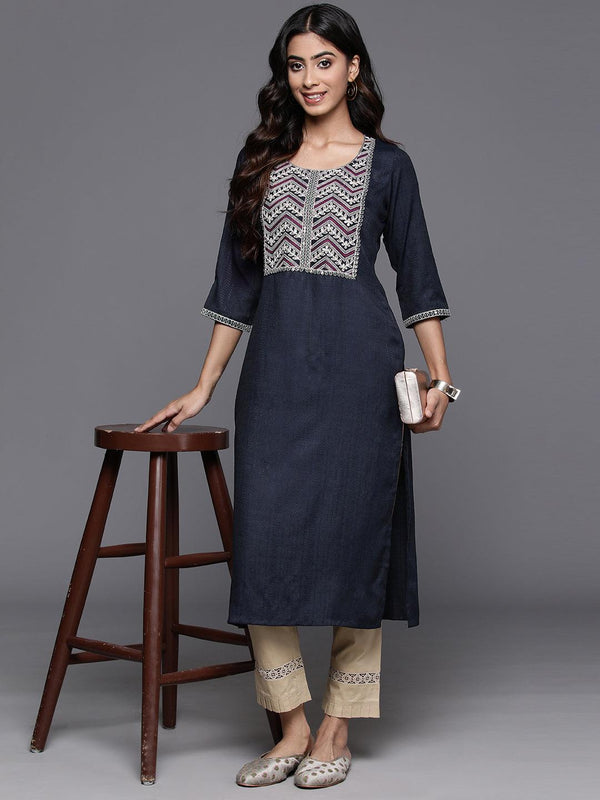 Navy Yoke Design Rayon Straight Kurta - Jashvi