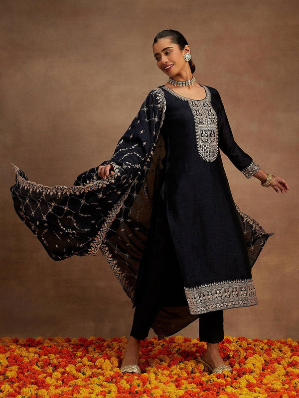 Navy Yoke Design Silk Blend Straight Kurta With Trousers & Dupatta - Jashvi