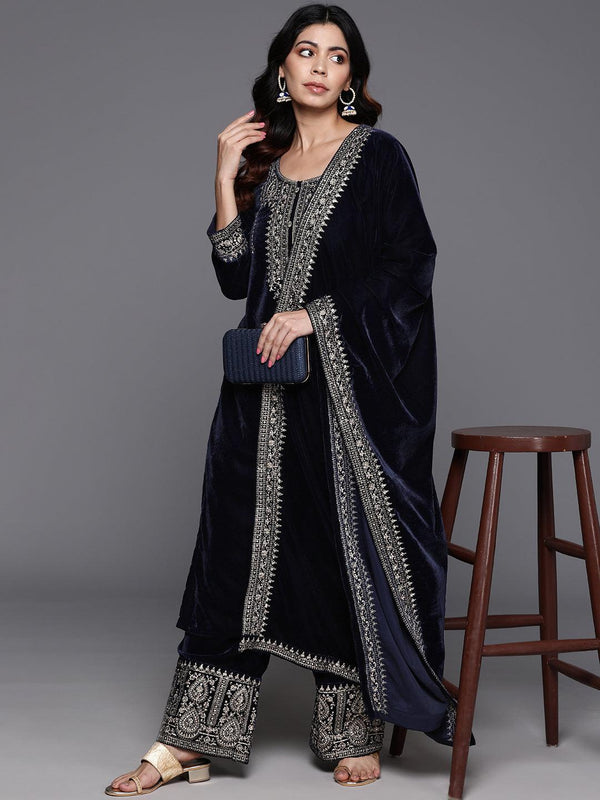 Navy Yoke Design Velvet Straight Kurta With Palazzos & Dupatta - Jashvi