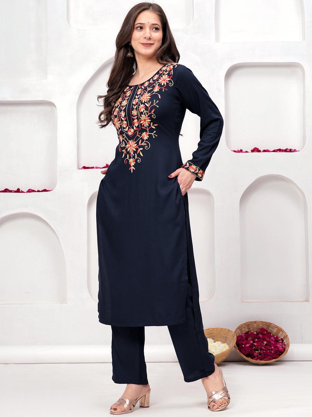 Navy Yoke Design Wool Blend Straight Kurta With Palazzos - Jashvi