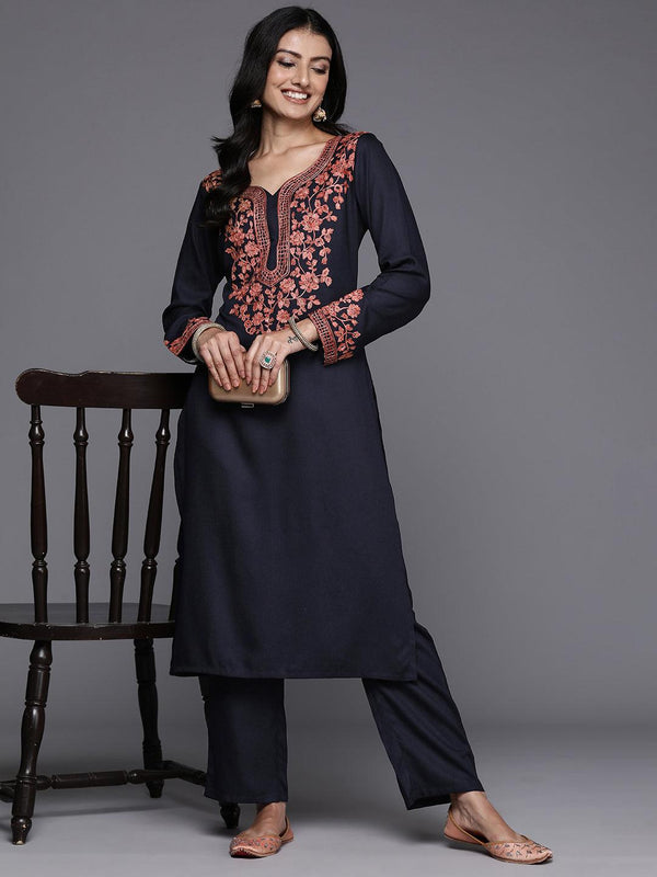 Navy Yoke Design Wool Blend Straight Kurta With Palazzos - Jashvi