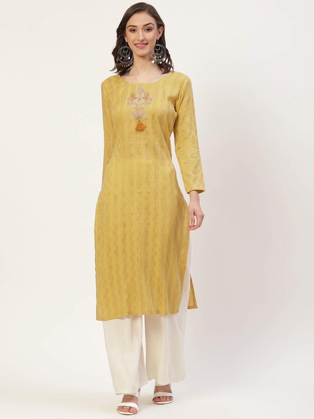 Women's Mustard Pure Cotton Embroidered Straight Kurta - Vaaba