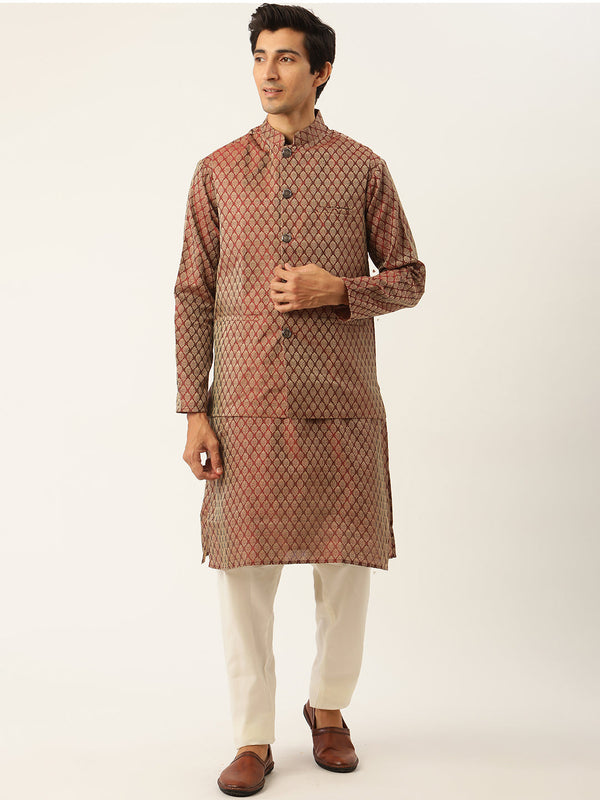 Sojanya Men's Jacquard Silk Maroon Kurta & Nehrujacket With Off White Pyjama Combo - Sojanya