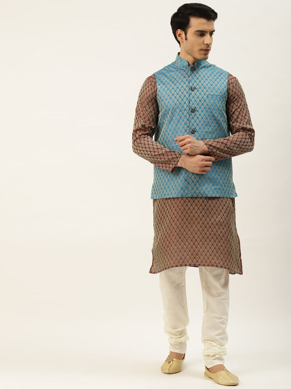 Sojanya Men's Silk Blend Maroon Kurta & Peacockblue Nehrujacket With Offwhite Pyjama Combo - Sojanya