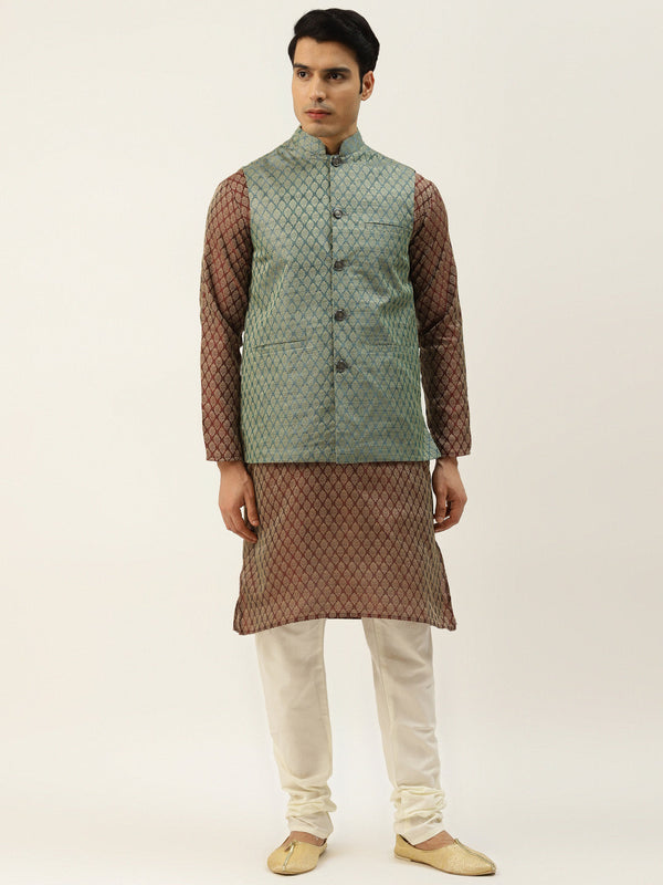 Sojanya Men's Silk Blend Maroon Kurta & Tealgreen Nehrujacket With Offwhite Pyjama Combo - Sojanya