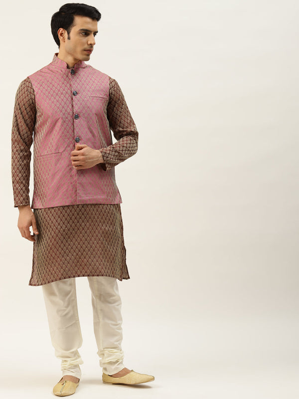 Sojanya Men's Silk Blend Maroon Kurta & Pink Nehrujacket With Offwhite Pyjama Combo - Sojanya