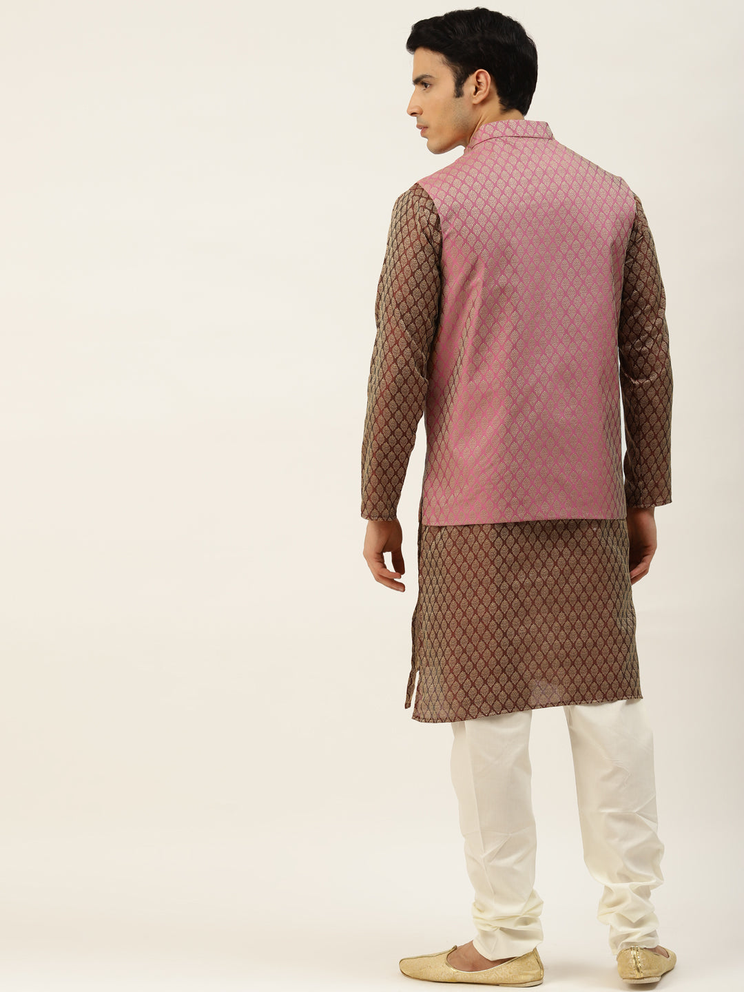 Sojanya Men's Silk Blend Maroon Kurta & Pink Nehrujacket With Offwhite Pyjama Combo - Sojanya