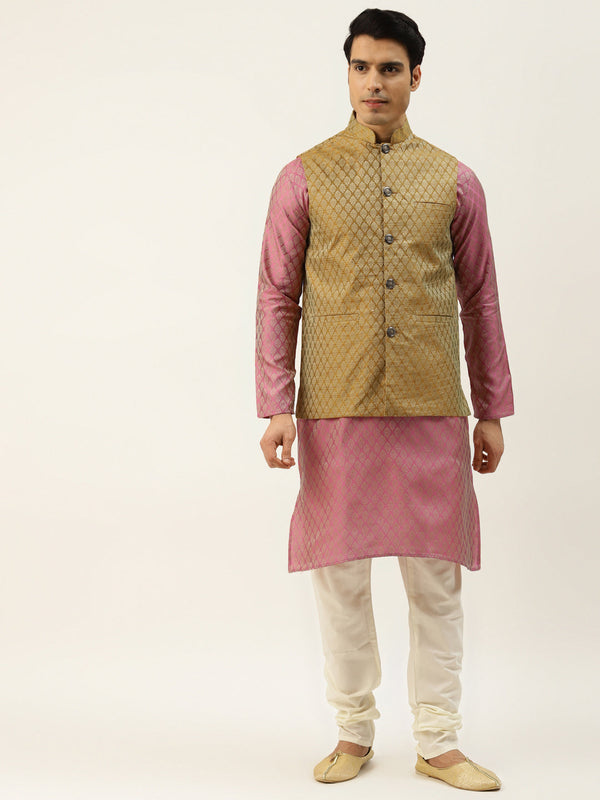 Sojanya Men's Silk Blend Pink Kurta & Mustard Nehrujacket With Offwhite Pyjama Combo - Sojanya