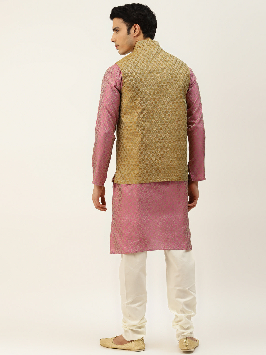 Sojanya Men's Silk Blend Pink Kurta & Mustard Nehrujacket With Offwhite Pyjama Combo - Sojanya