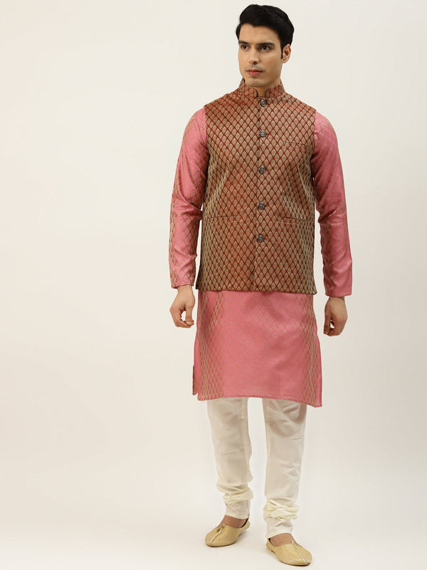 Sojanya Men's Silk Blend Pink Kurta & Maroon Nehrujacket With Offwhite Pyjama Combo - Sojanya