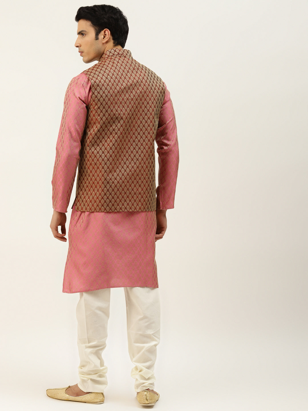 Sojanya Men's Silk Blend Pink Kurta & Maroon Nehrujacket With Offwhite Pyjama Combo - Sojanya