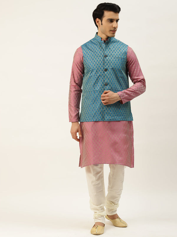 Sojanya Men's Silk Blend Pink Kurta & Peacockblue Nehrujacket With Offwhite Pyjama Combo - Sojanya