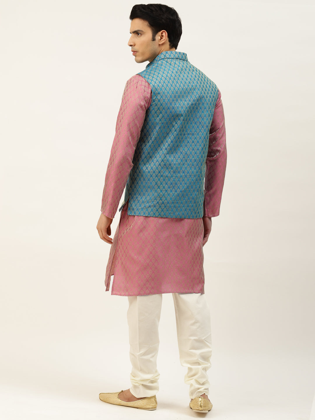 Sojanya Men's Silk Blend Pink Kurta & Peacockblue Nehrujacket With Offwhite Pyjama Combo - Sojanya