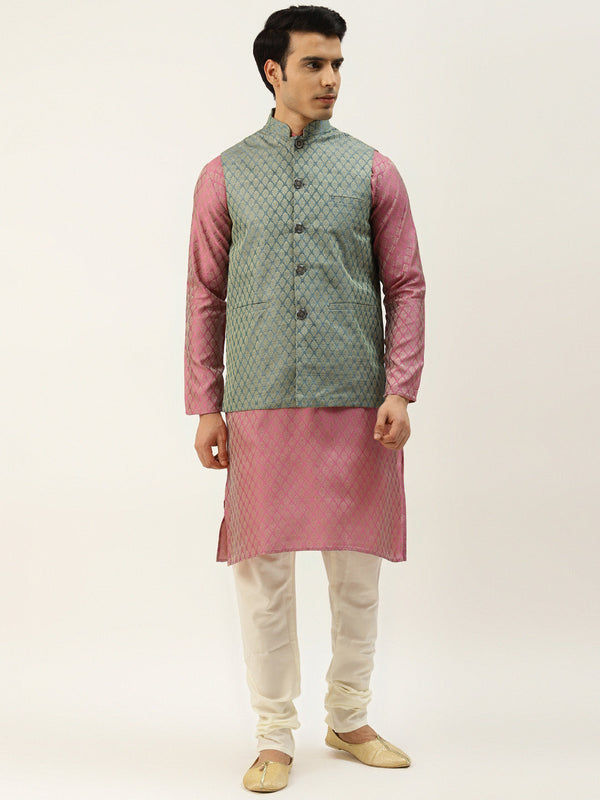 Sojanya Men's Silk Blend Pink Kurta & Tealgreen Nehrujacket With Offwhite Pyjama Combo - Sojanya