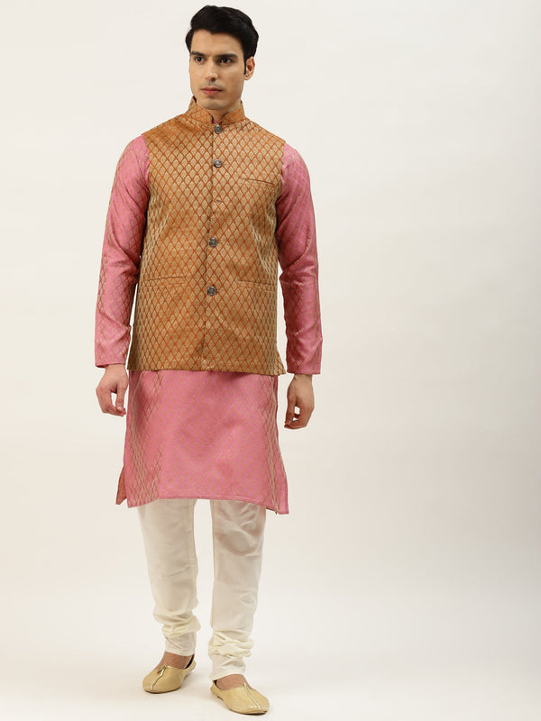 Sojanya Men's Silk Blend Pink Kurta & Orange Nehrujacket With Offwhite Pyjama Combo - Sojanya