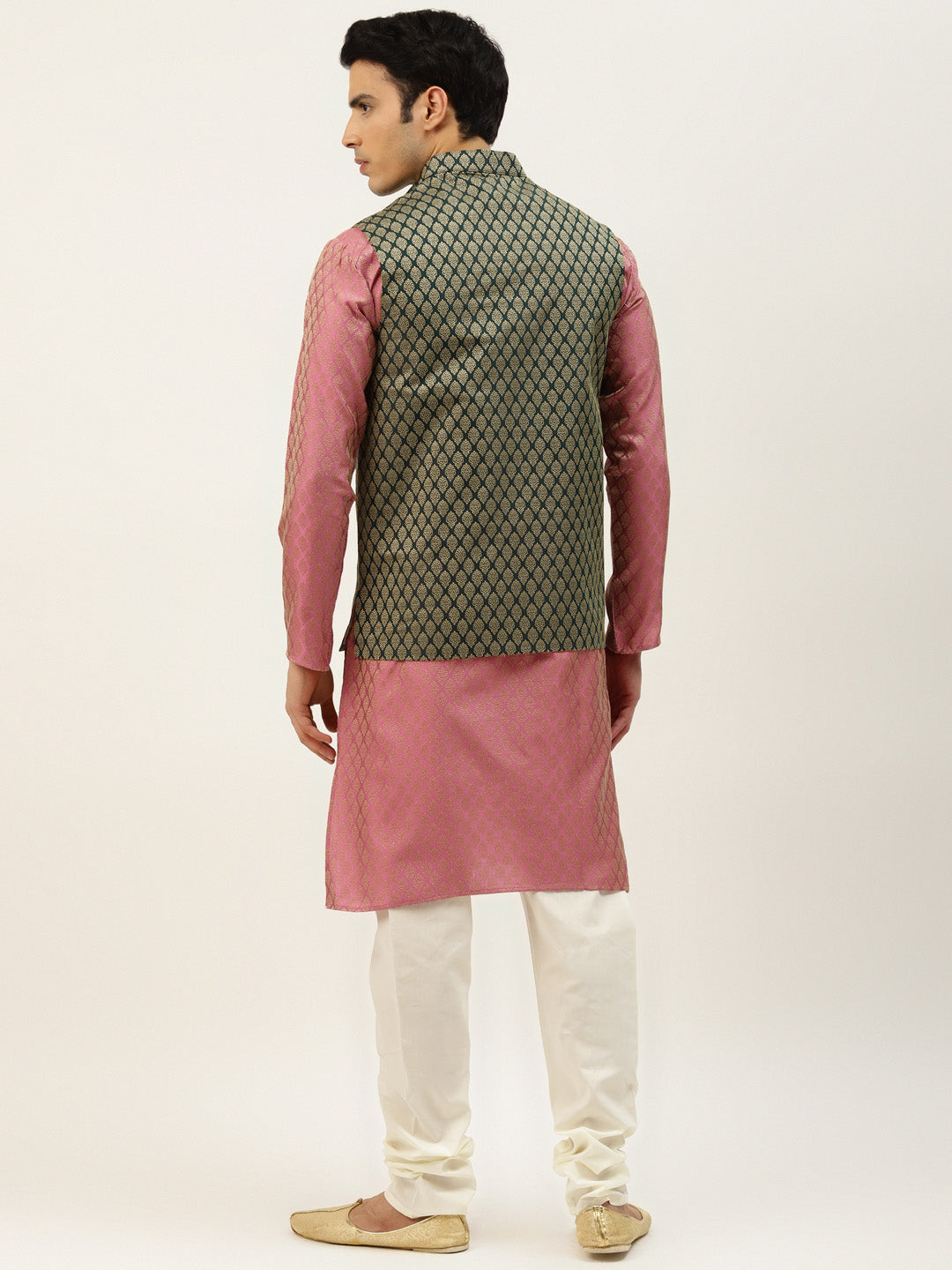 Sojanya Men's Silk Blend Pink Kurta & Darkgreen Nehrujacket With Offwhite Pyjama Combo - Sojanya