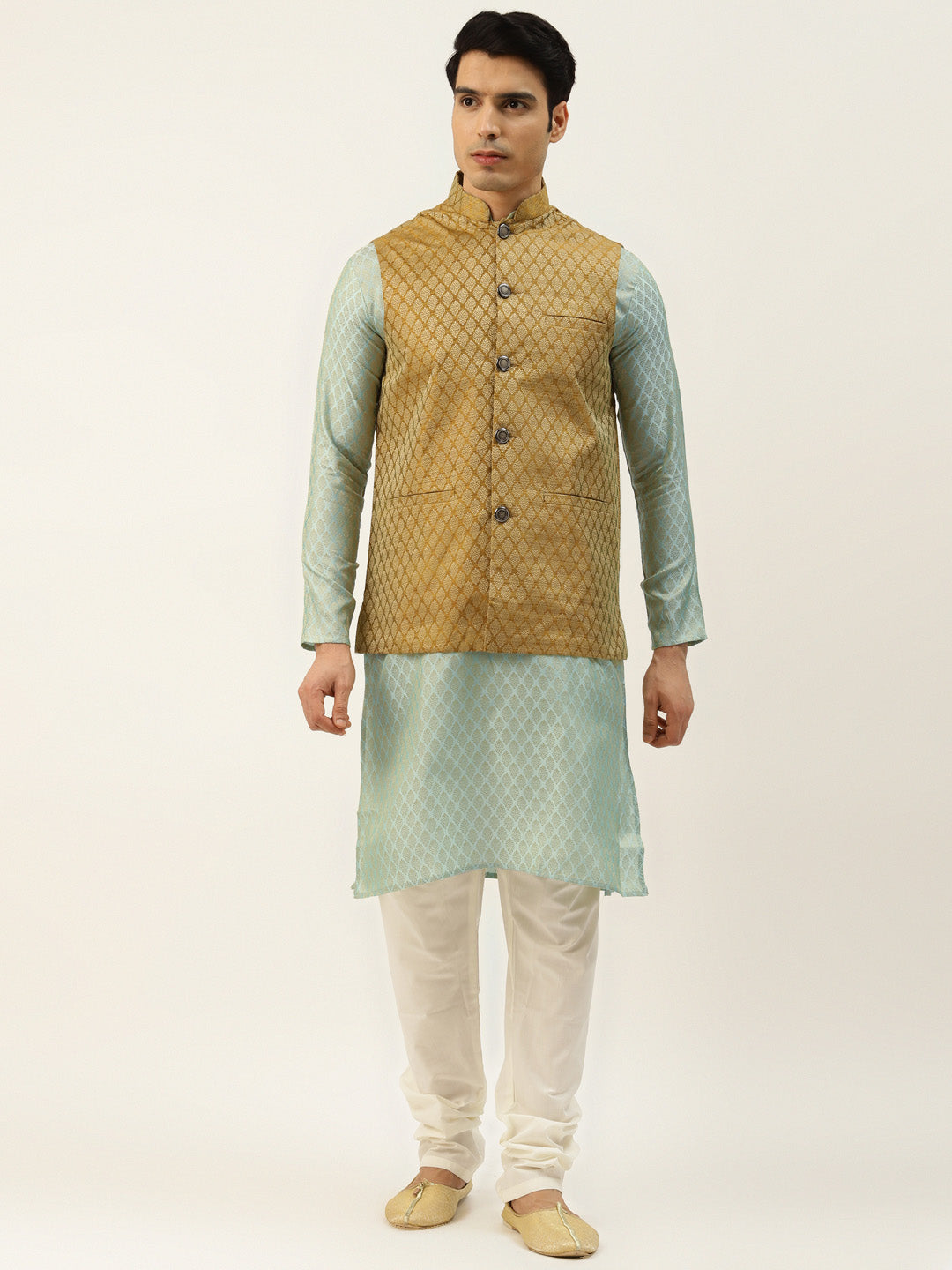 Sojanya Men's Silk Blend Pista Kurta & Mustard Nehrujacket With Offwhite Pyjama Combo - Sojanya