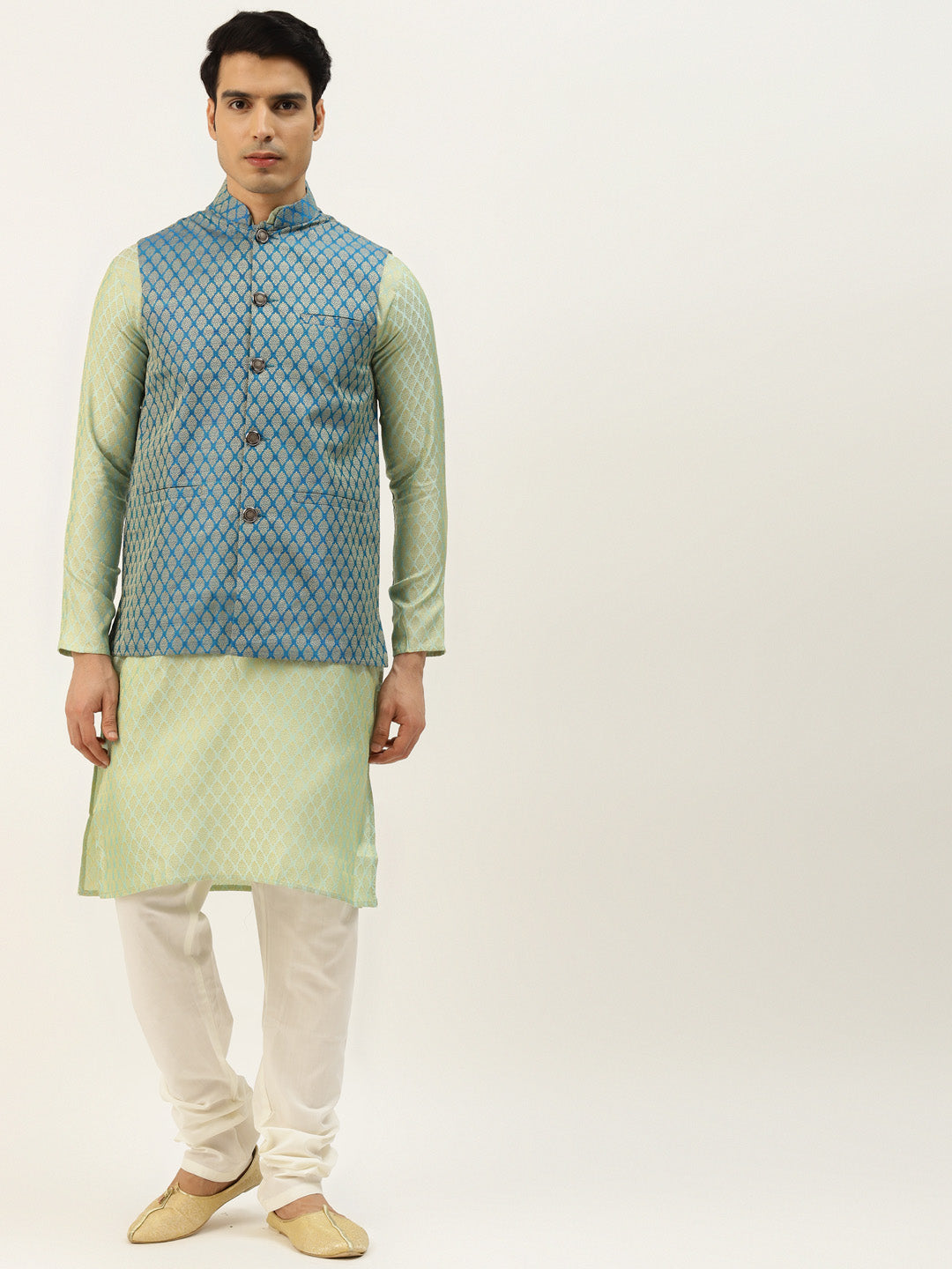 Sojanya Men's Silk Blend Pista Kurta & Peacockblue Nehrujacket With Offwhite Pyjama Combo - Sojanya