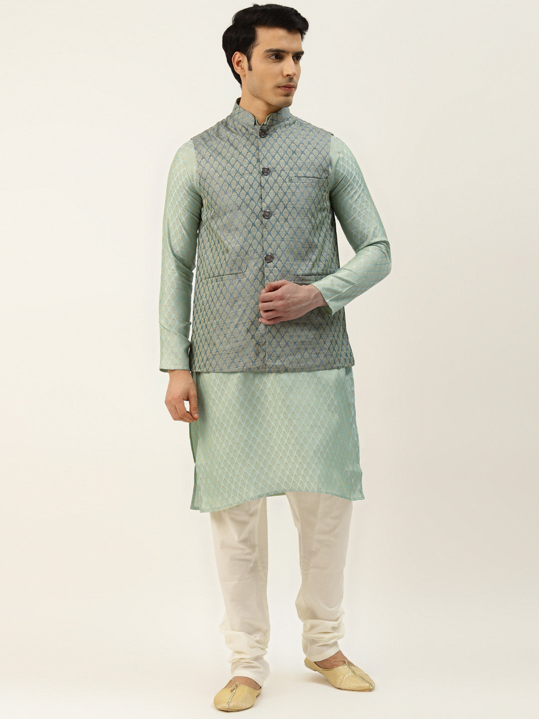 Sojanya Men's Silk Blend Pista Kurta & Teaalgreen Nehrujacket With Offwhite Pyjama Combo - Sojanya