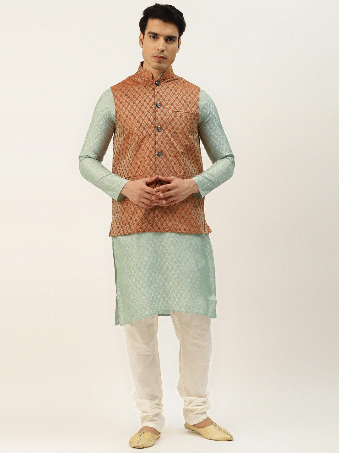 Sojanya Men's Silk Blend Pista Kurta & Orange Nehrujacket With Offwhite Pyjama Combo - Sojanya