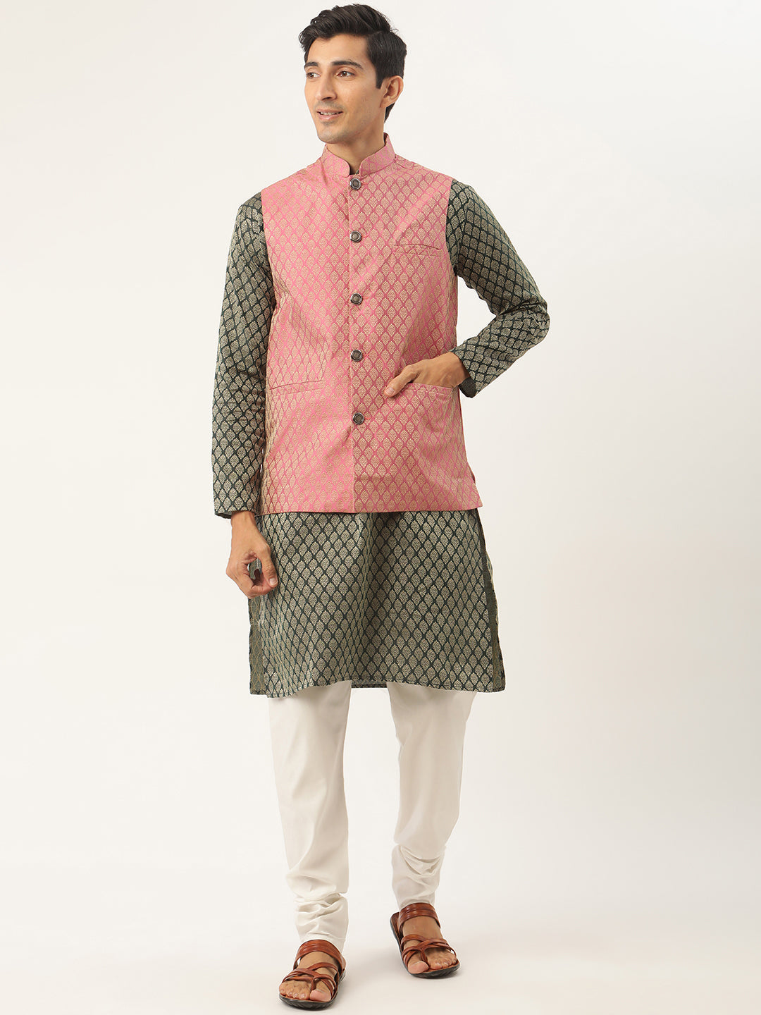 Sojanya Men's Silk Blend Darkgreen Kurta & Pink Nehrujacket With Offwhite Pyjama Combo - Sojanya