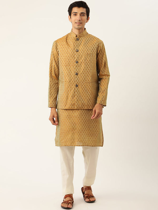 Sojanya Men's Jacquard Silk Mustard Kurta & Nehrujacket With Off White Pyjama Combo - Sojanya