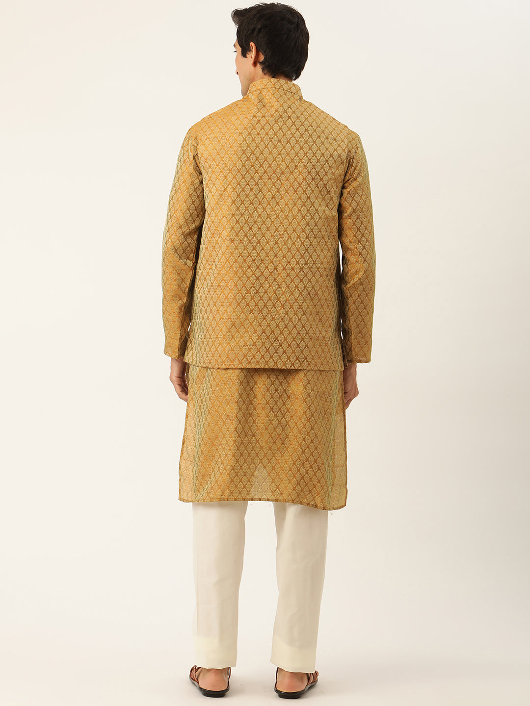 Sojanya Men's Jacquard Silk Mustard Kurta & Nehrujacket With Off White Pyjama Combo - Sojanya