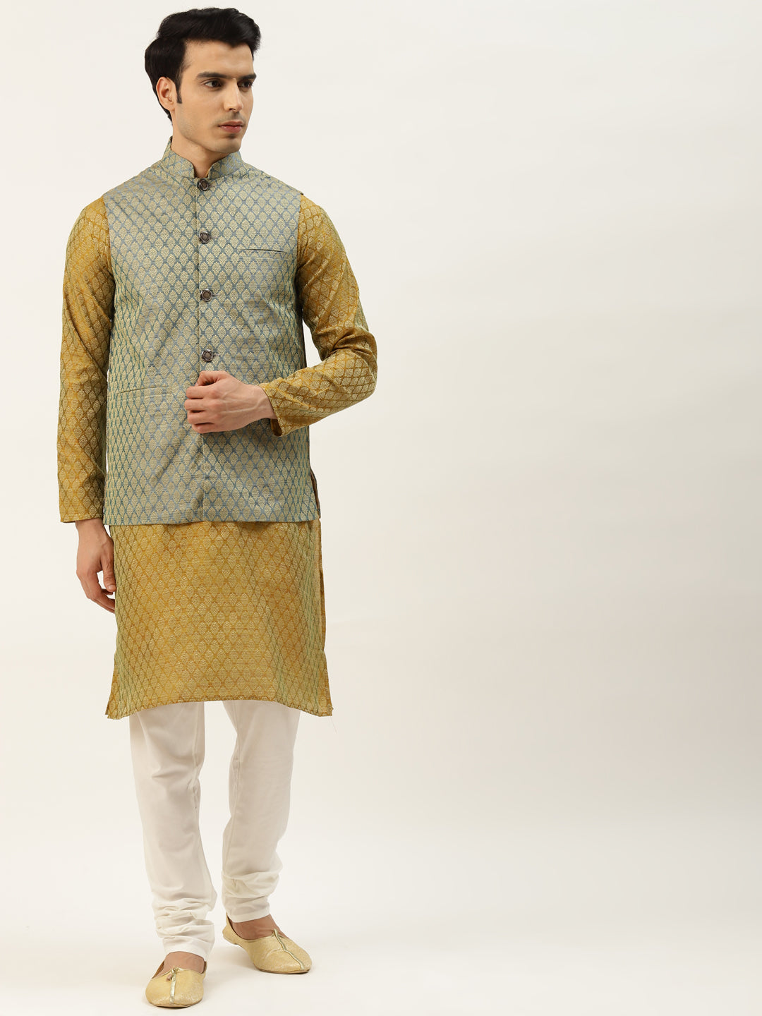 Sojanya Men's Silk Blend Mustard Kurta & Tealgreen Nehrujacket With Offwhite Pyjama Combo - Sojanya