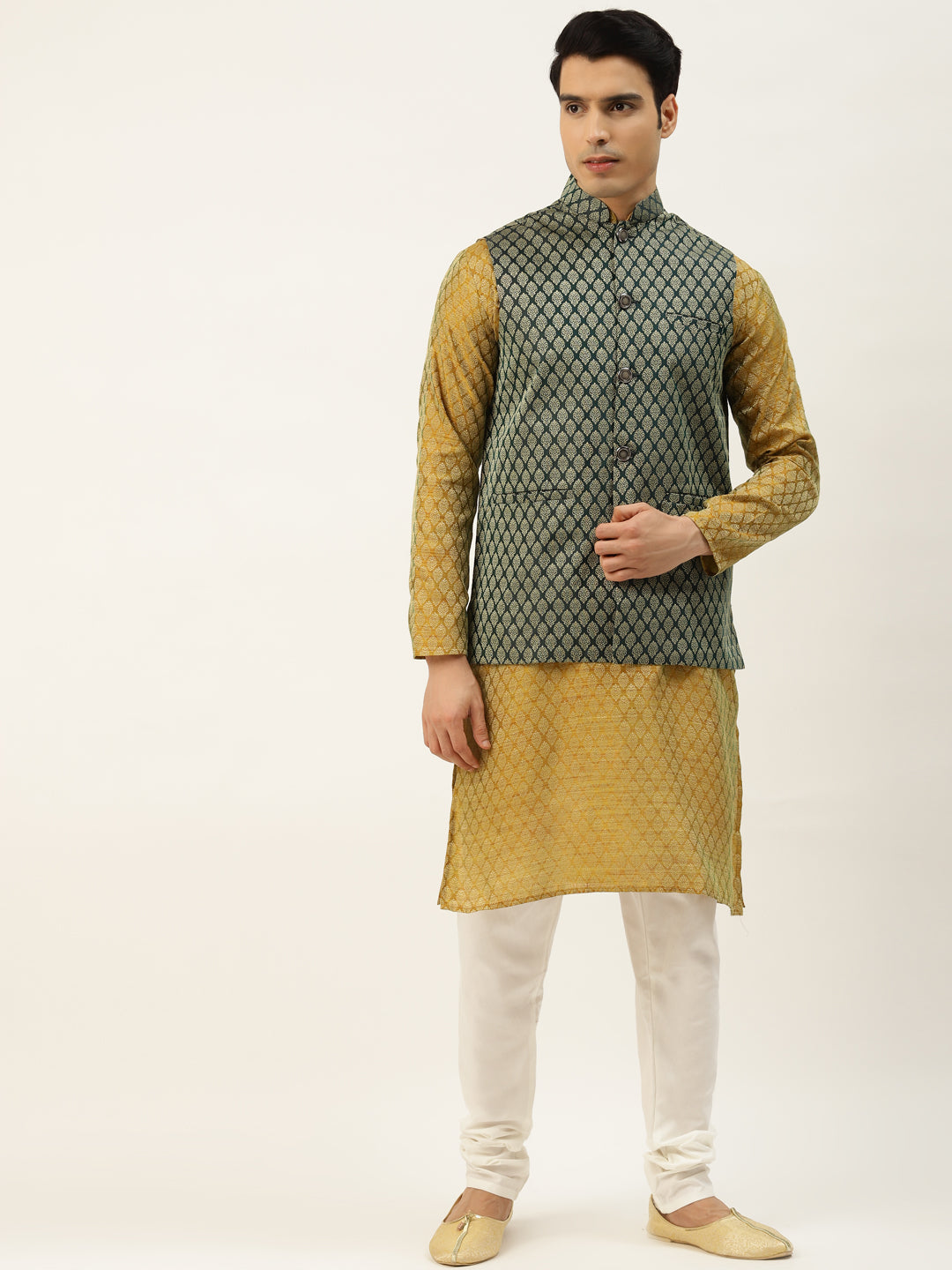 Sojanya Men's Silk Blend Mustard Kurta & Darkgreen Nehrujacket With Offwhite Pyjama Combo - Sojanya