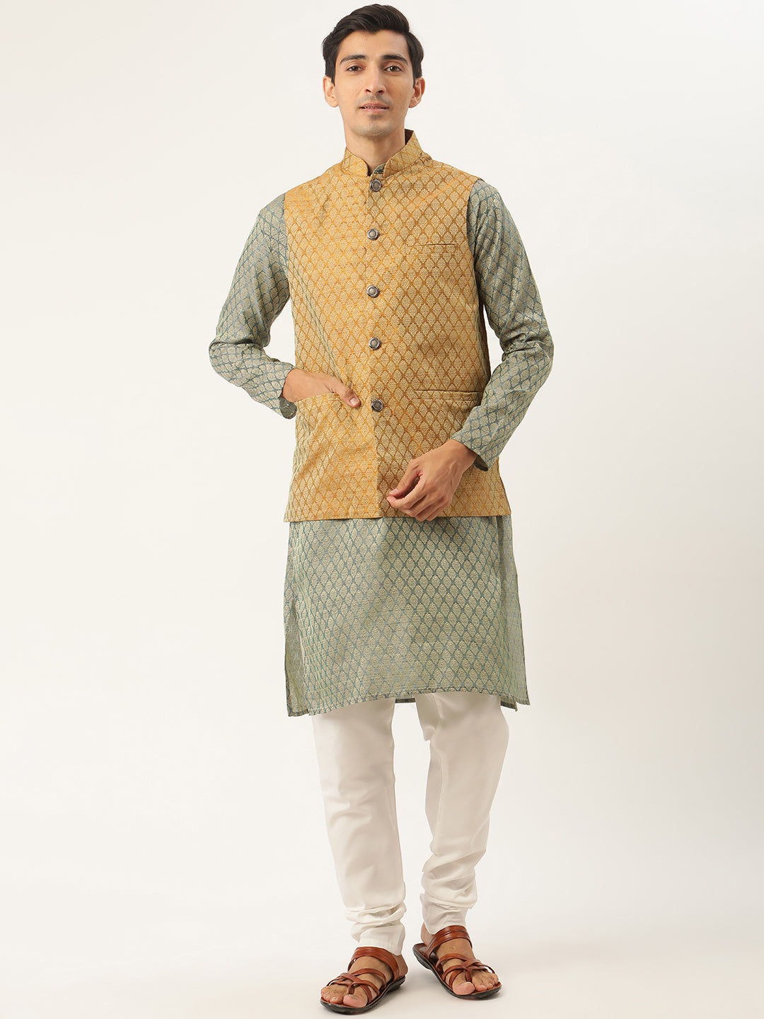 Sojanya Men's Silk Blend Tealgreen Kurta & Mustard Nehrujacket With Offwhite Pyjama Combo - Sojanya