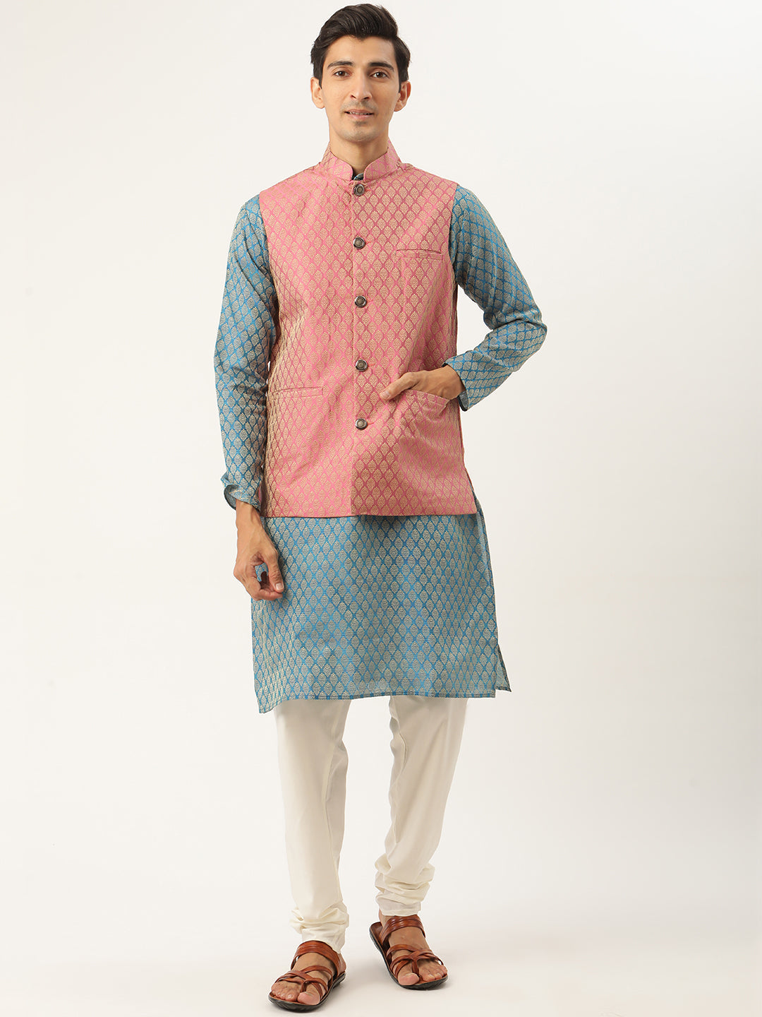 Sojanya Men's Silk Blend Peacockblue Kurta & Pink Nehrujacket With Offwhite Pyjama Combo - Sojanya