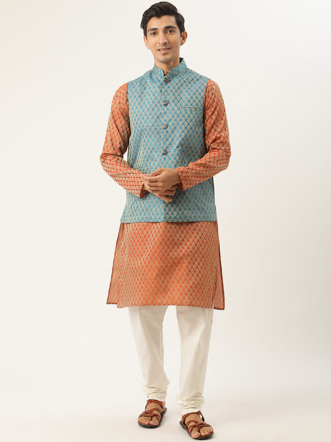 Sojanya Men's Silk Blend Orange Kurta & Peacock Blue Nehrujacket With Offwhite Pyjama Combo - Sojanya