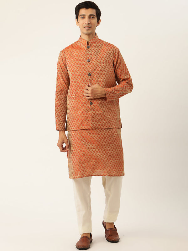 Sojanya Men's Jacquard Silk Orange Kurta & Nehrujacket With Off White Pyjama Combo - Sojanya