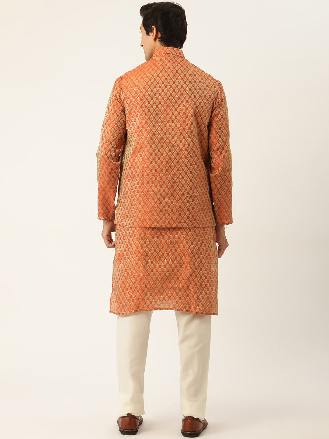 Sojanya Men's Jacquard Silk Orange Kurta & Nehrujacket With Off White Pyjama Combo - Sojanya